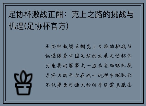 足协杯激战正酣：克上之路的挑战与机遇(足协杯官方)