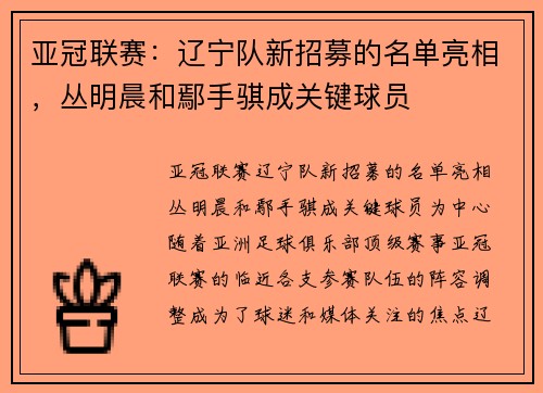 亚冠联赛：辽宁队新招募的名单亮相，丛明晨和鄢手骐成关键球员