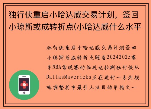 独行侠重启小哈达威交易计划，签回小琼斯或成转折点(小哈达威什么水平)