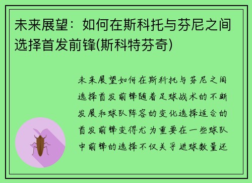 未来展望：如何在斯科托与芬尼之间选择首发前锋(斯科特芬奇)