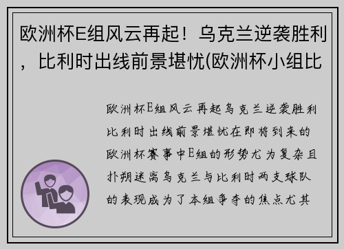 欧洲杯E组风云再起！乌克兰逆袭胜利，比利时出线前景堪忧(欧洲杯小组比利时)