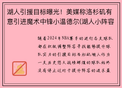 湖人引援目标曝光！美媒称洛杉矶有意引进魔术中锋小温德尔(湖人小阵容)